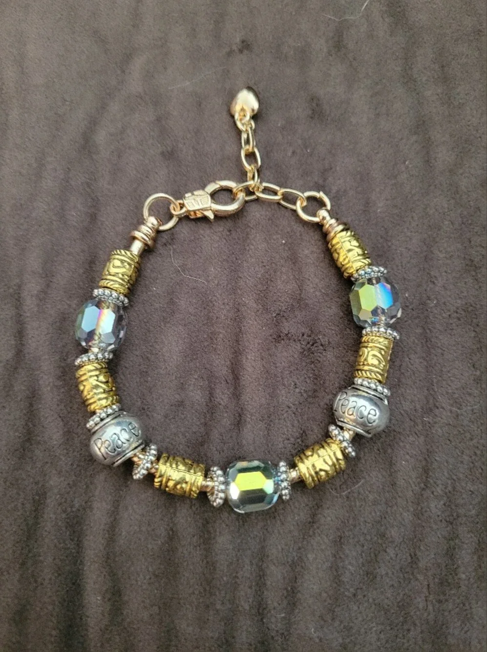 Gold-Tone Bead Bracelet with Iridescent Faceted Beads and Peace Charms